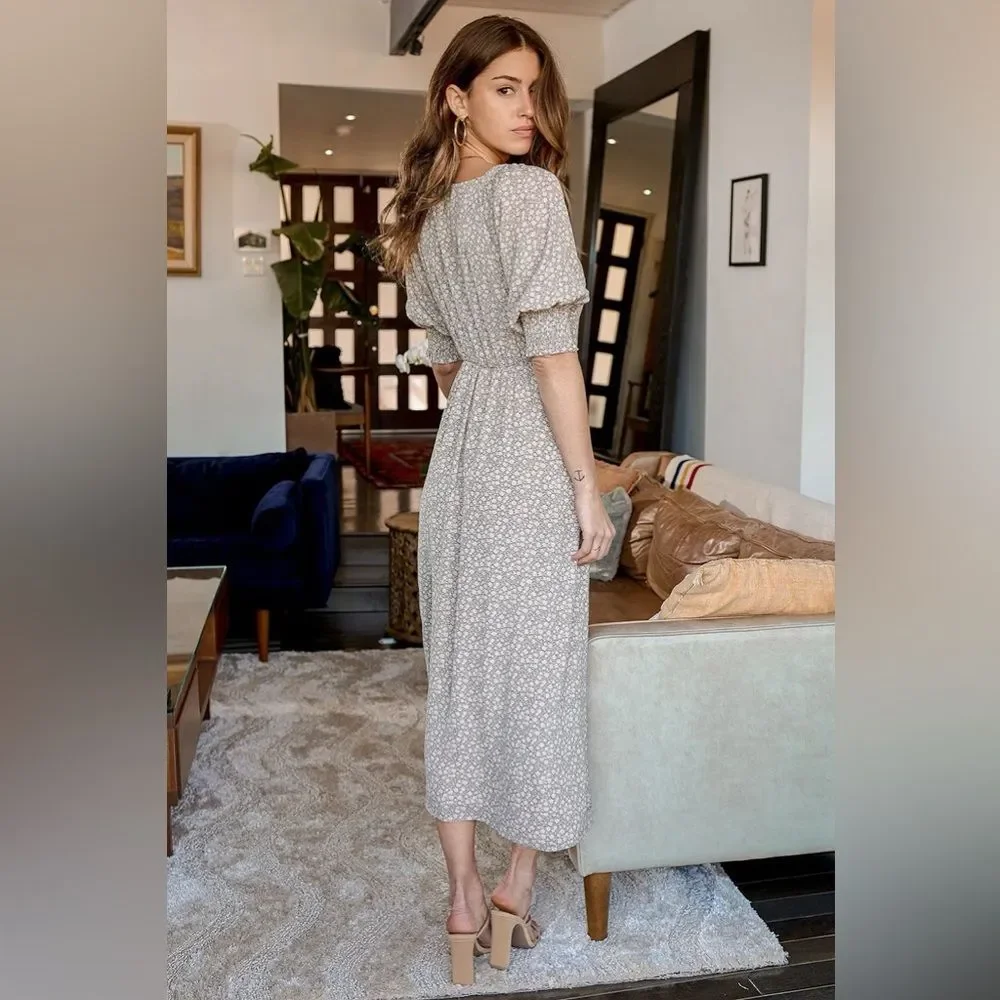 Lulus Times With You Sage Green Floral Print Puff Sleeve Midi Dress Size XS NEW - Picture 9 of 16